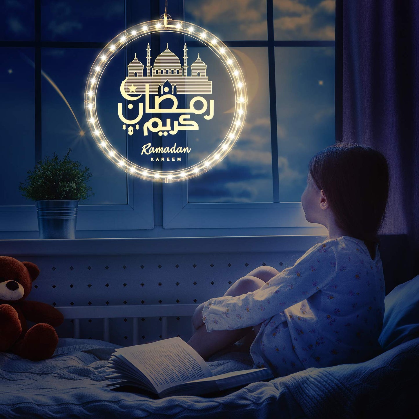 Hiboom 3D Eid Ramadan Lights, Moon and Star Castle Islam Eid Mubarak Decorations, Ramadan Decorations for Home Indoor, Islam Fairy Window Lights Wall Bedroom Party Decor(Castle Style)