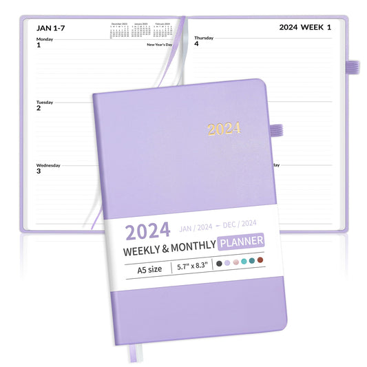 SUNEE 2024 Weekly & Monthly Hardcover Planner 5.5" x 8.3" - 12 Month (January 2024 - December 2024), Small Hardcover Planner, Pocket, Notes, 100 GSM Paper, Monthly Sticker, Purple