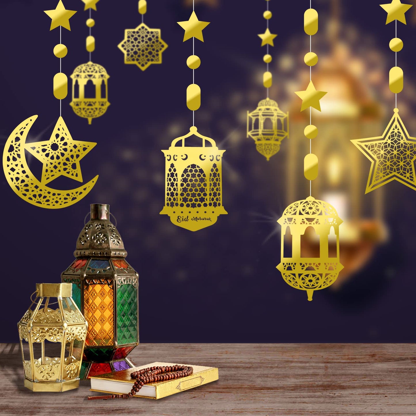 Zonon 24 Pcs Islamic Star Moon Lantern Ramadan Garland Eid Decoration Streamer Ramadan Mubarak Party Banner Backdrop Shining Hanging Wall Decorations for Home Wedding Decor Islam Party(Gold)