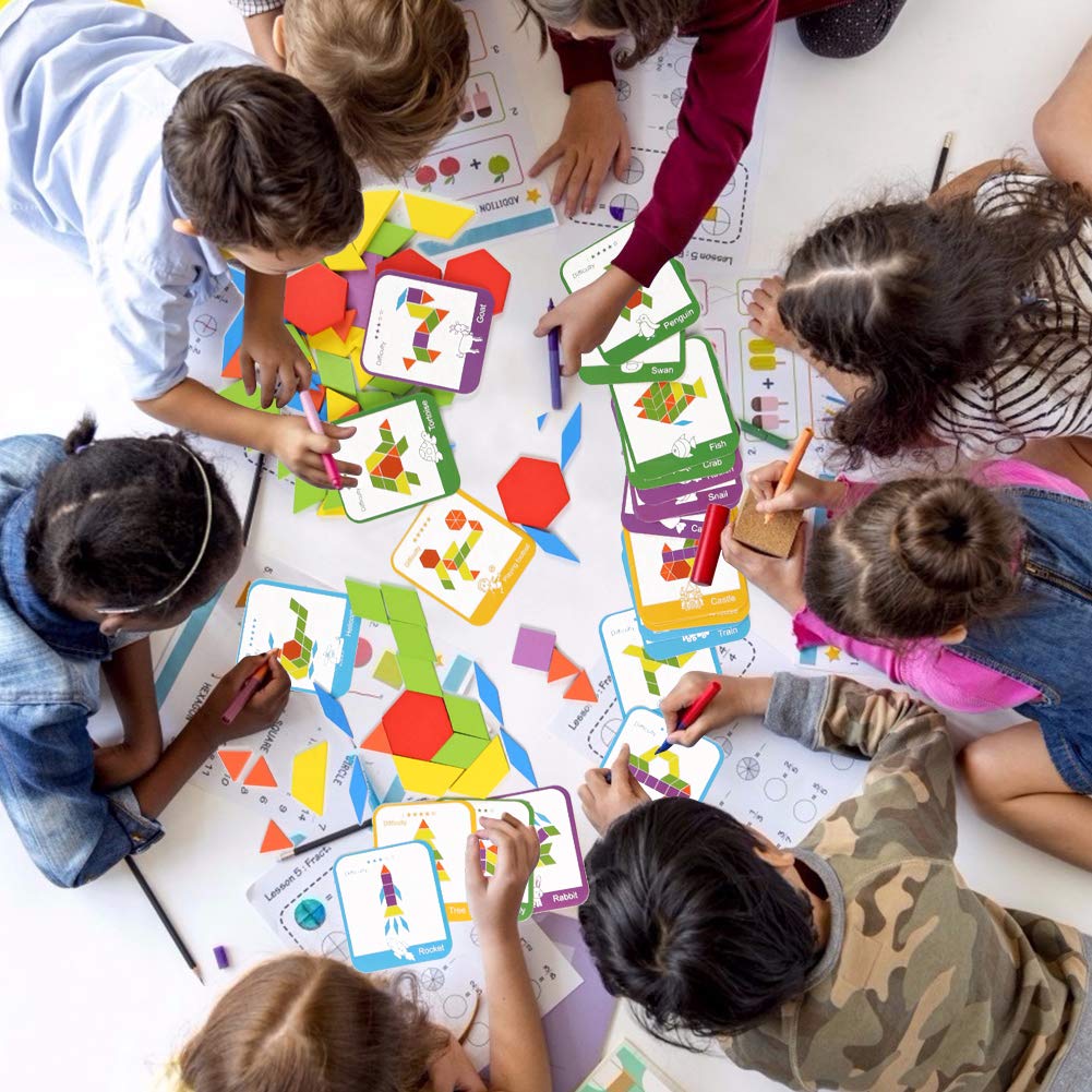 LovesTown 209 PCS Wooden Pattern Blocks, Geometric Shapes Blocks Pattern Blocks with Cards Tangram Puzzles for Kids Educational Tangram Toys