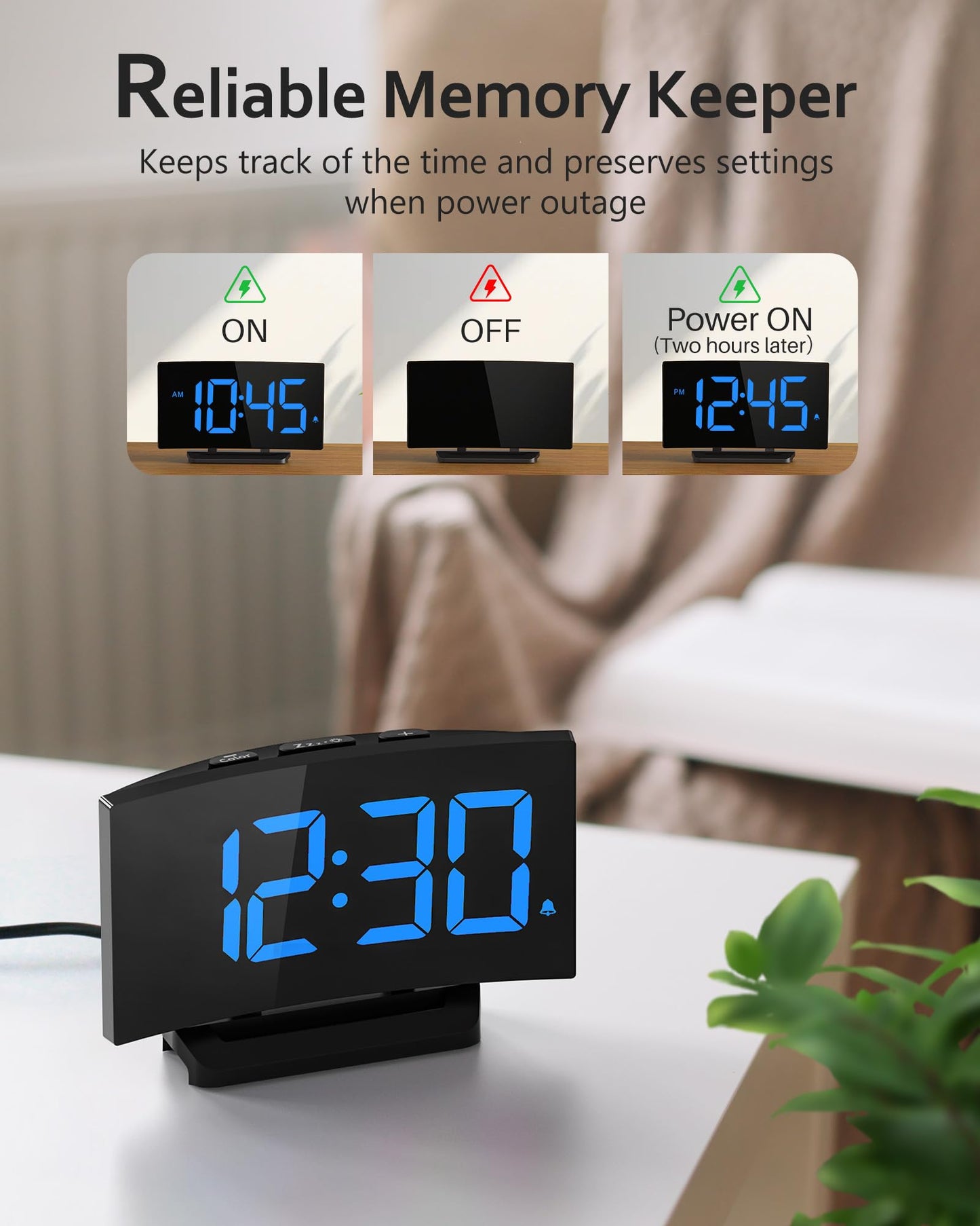 GOLOZA Digital Alarm Clock for Bedrooms, Digital Clock with Modern Curved Design, Conspicuous Blue LED Numbers, 5 Levels Brightness+Off, 2 Volume, 3 Alarm Tones, Snooze, Power-Off Memory, 12/24H
