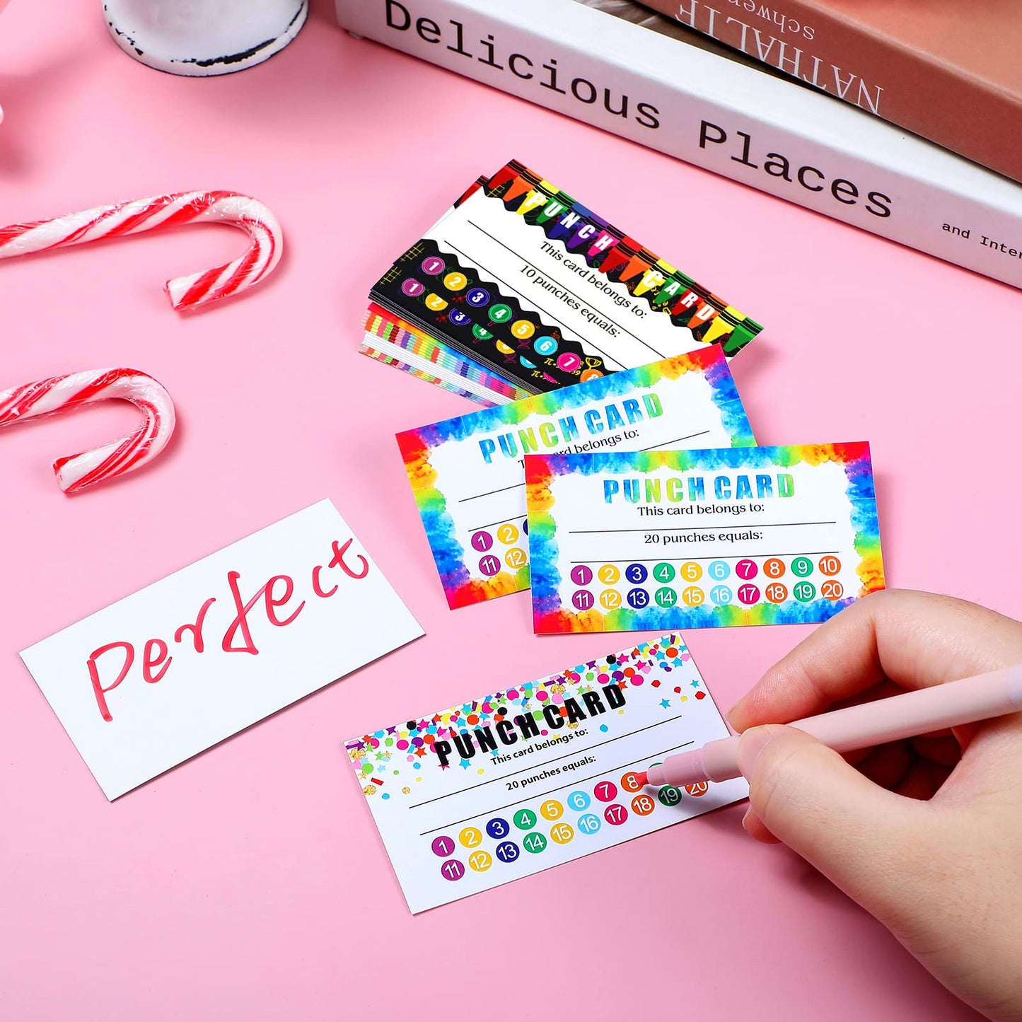 320 Pieces Punch Cards, Incentive Loyalty Reward Card Student Awards Loyalty Cards for Business, Classroom, Kids Behavior, Students, Teachers, 3.5 x 2 Inch, 4 Styles (Multi Punches)