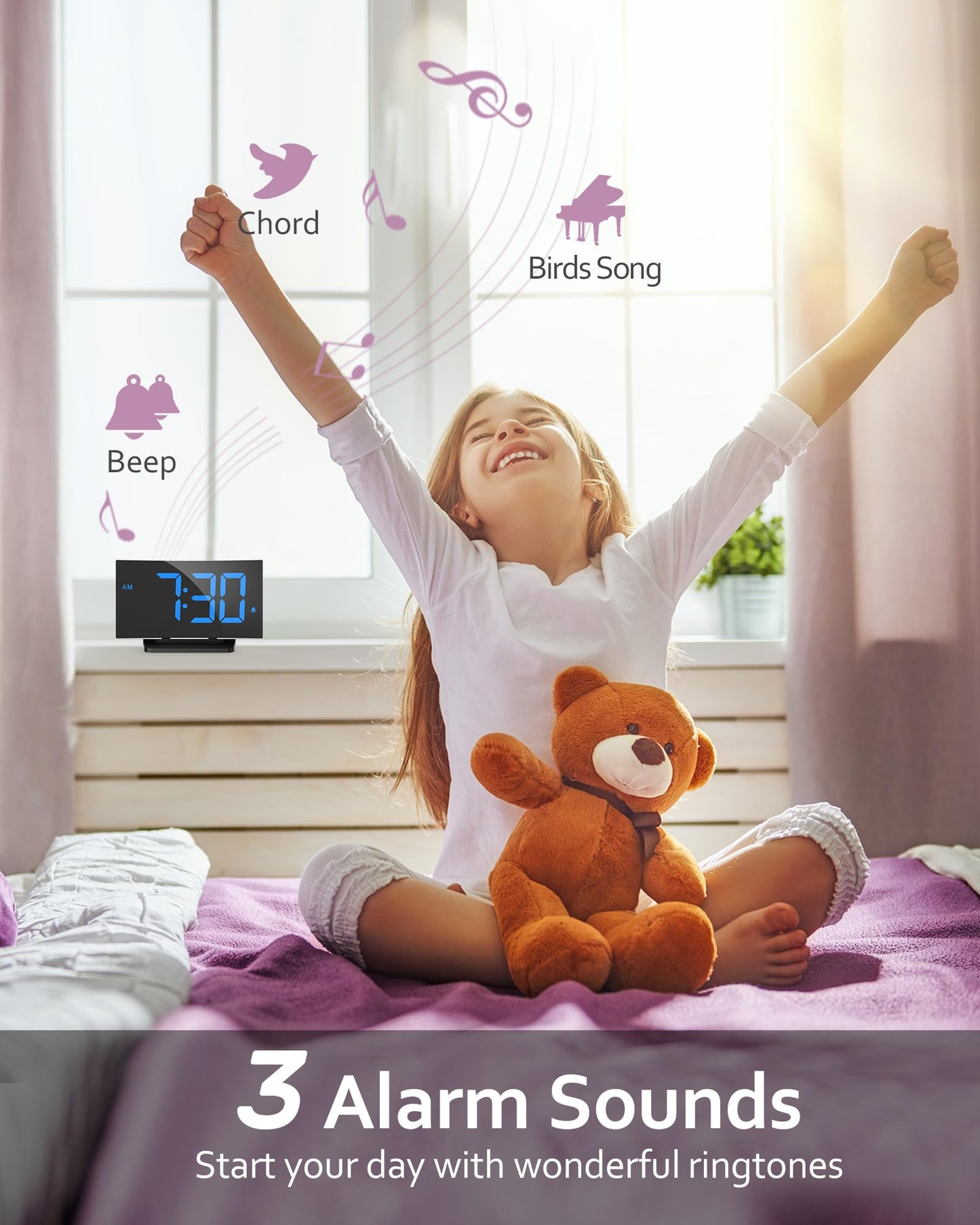 GOLOZA Digital Alarm Clock for Bedrooms, Digital Clock with Modern Curved Design, Conspicuous Blue LED Numbers, 5 Levels Brightness+Off, 2 Volume, 3 Alarm Tones, Snooze, Power-Off Memory, 12/24H