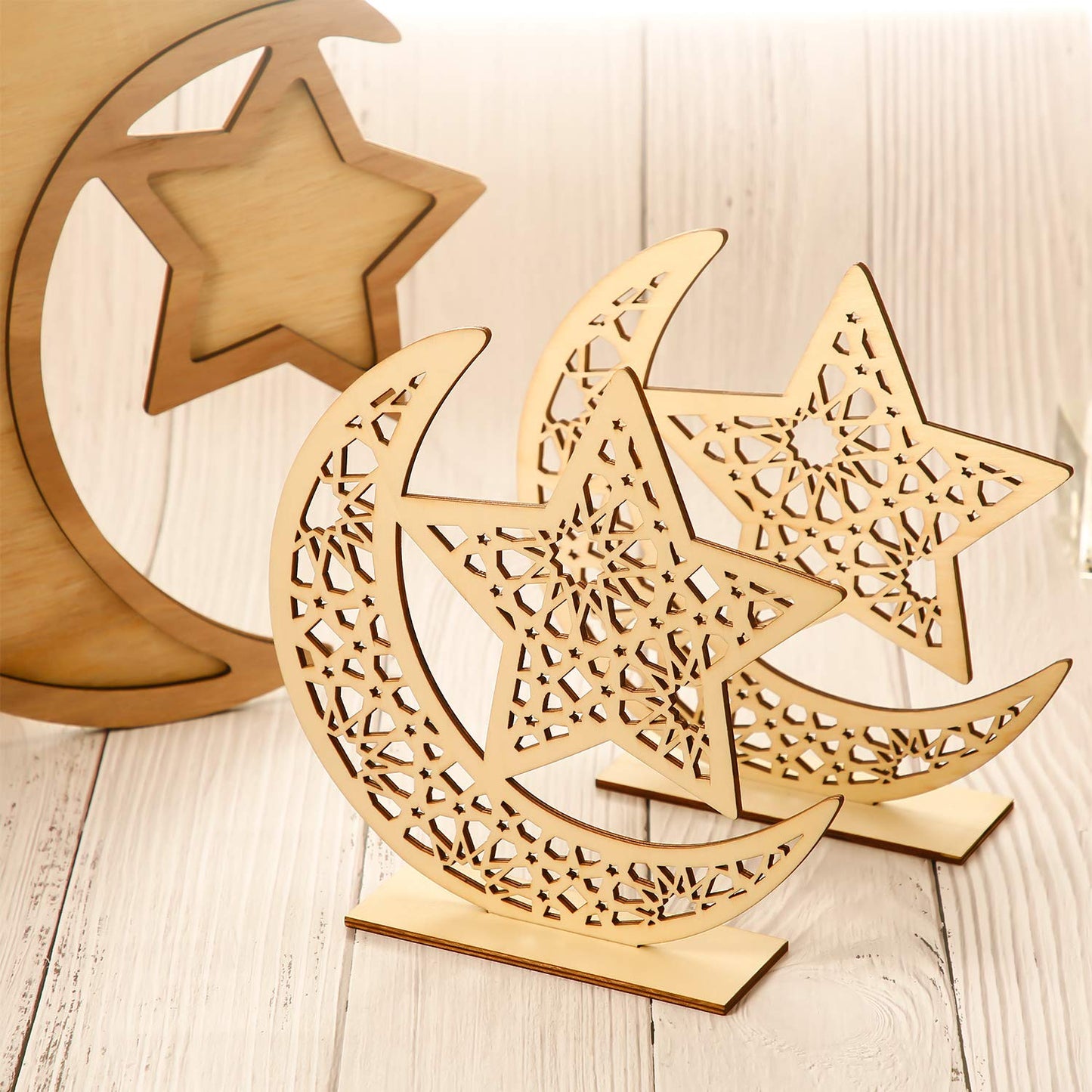 2 Sets Eid Mubarak Wooden Ornament Ramadan Hanging Plaque Moon Star Pendant for Decorations (Classic Style)