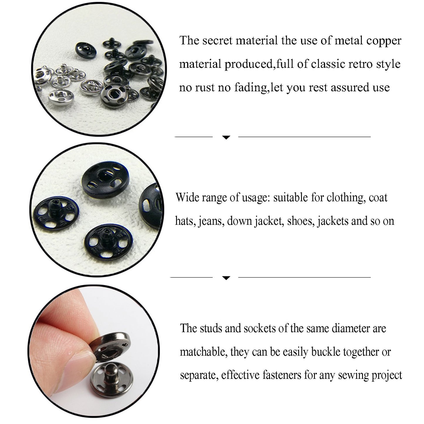 Kenkio 120 Sets Sew-on Snap Buttons Metal Snaps Fasteners Press Studs Buttons for Sewing, 8 mm and 10 mm,Black and Silver