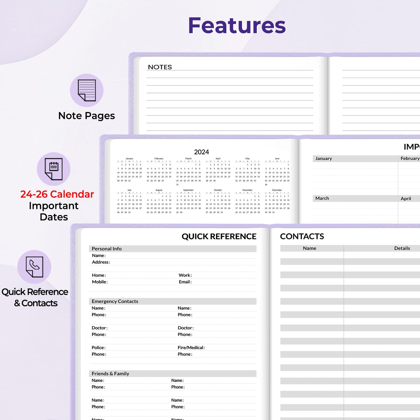 SUNEE 2024 Weekly & Monthly Hardcover Planner 5.5" x 8.3" - 12 Month (January 2024 - December 2024), Small Hardcover Planner, Pocket, Notes, 100 GSM Paper, Monthly Sticker, Purple