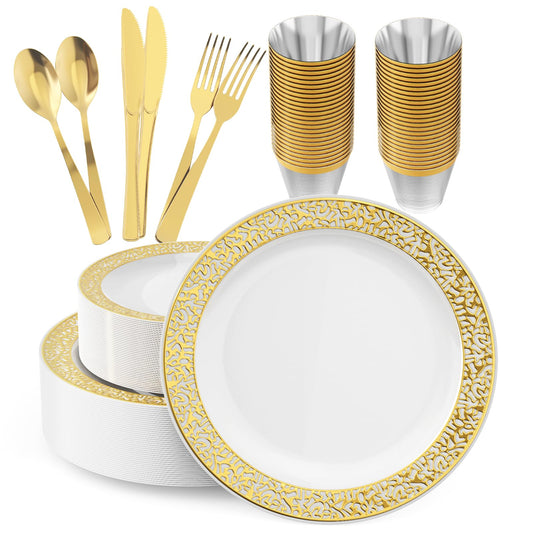 150 Count Gold Dinnerware Set, Elegant Plastic Plates Disposable Include: 25 Gold Lace Plastic Plates, 25 Dessert Plates, 25 Forks, 25 Knives, 25 Spoons, 25 Cup, Ideal for Party, Birthday