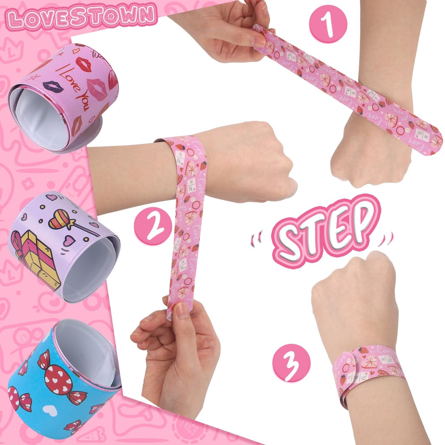 LovesTown 48PCS Valentines Day Slap Bracelets, Red Slap Wristbands Assorted Valentine Snap Bracelets for Kids Gift Exchange Valentine Party Favors
