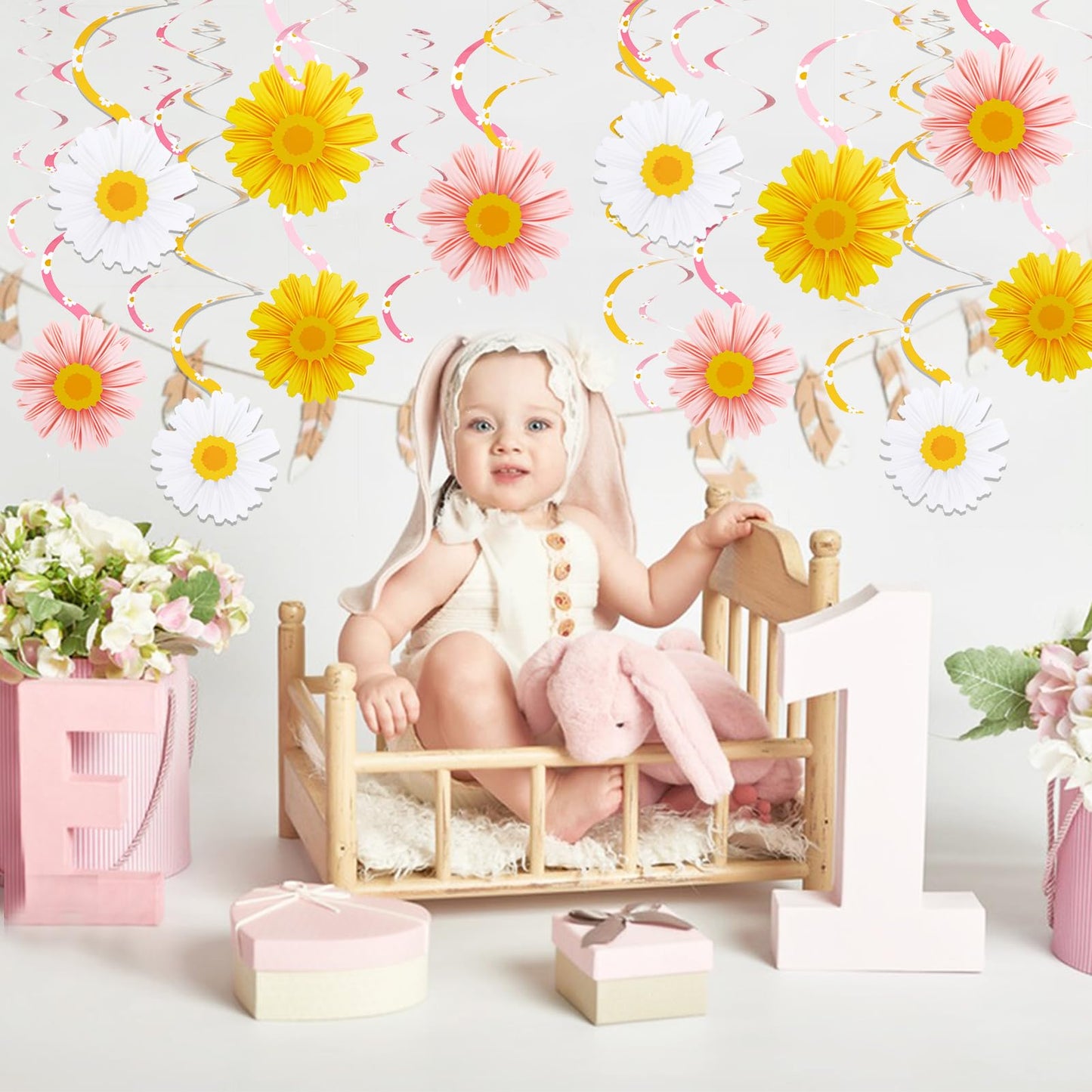 EASY JOY 24 PCS Daisy Hanging Swirls Decorations Boho Groovy Party Decorations Spring Flower Birthday Party Decorations Retro Hippie Party Ceiling Decorations for Classroom Office Mother Day Decor