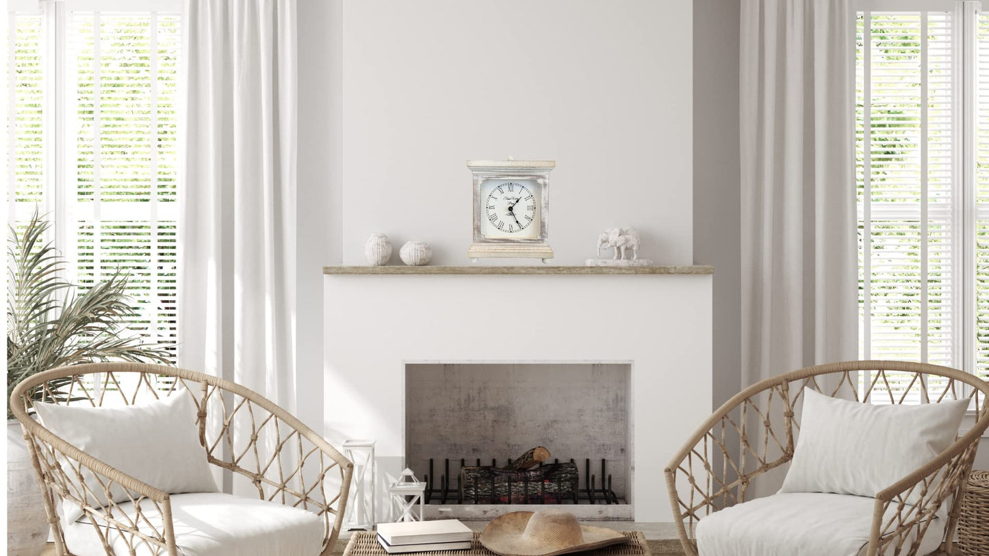 Tasse Verre Rustic Shelf Clock (Quiet) for Living Room Mantel, Table, Or Desk 9" X 7" Farmhouse Decor Distressed White Washed Wood Silent - Office Fireplace. AA Battery Operated Non-Digital, Tan