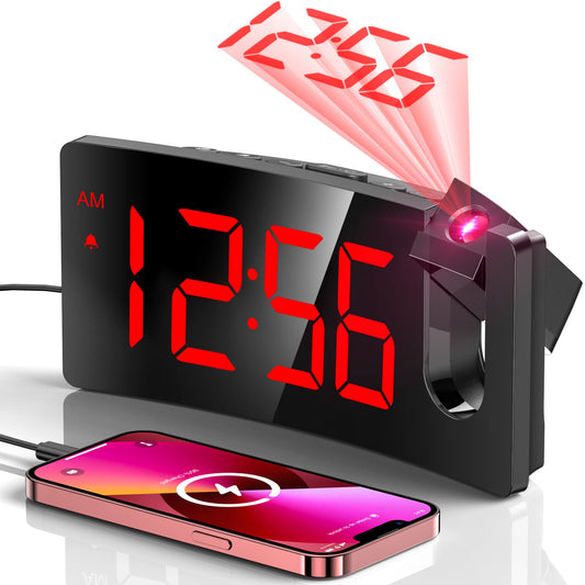 Projection Alarm Clock, Digital Clock with 180° Rotatable Projector, 3-Level Brightness Dimmer, Clear LED Display, USB Charger, Progressive Volume, 9mins Snooze,12/24H, for Bedroom