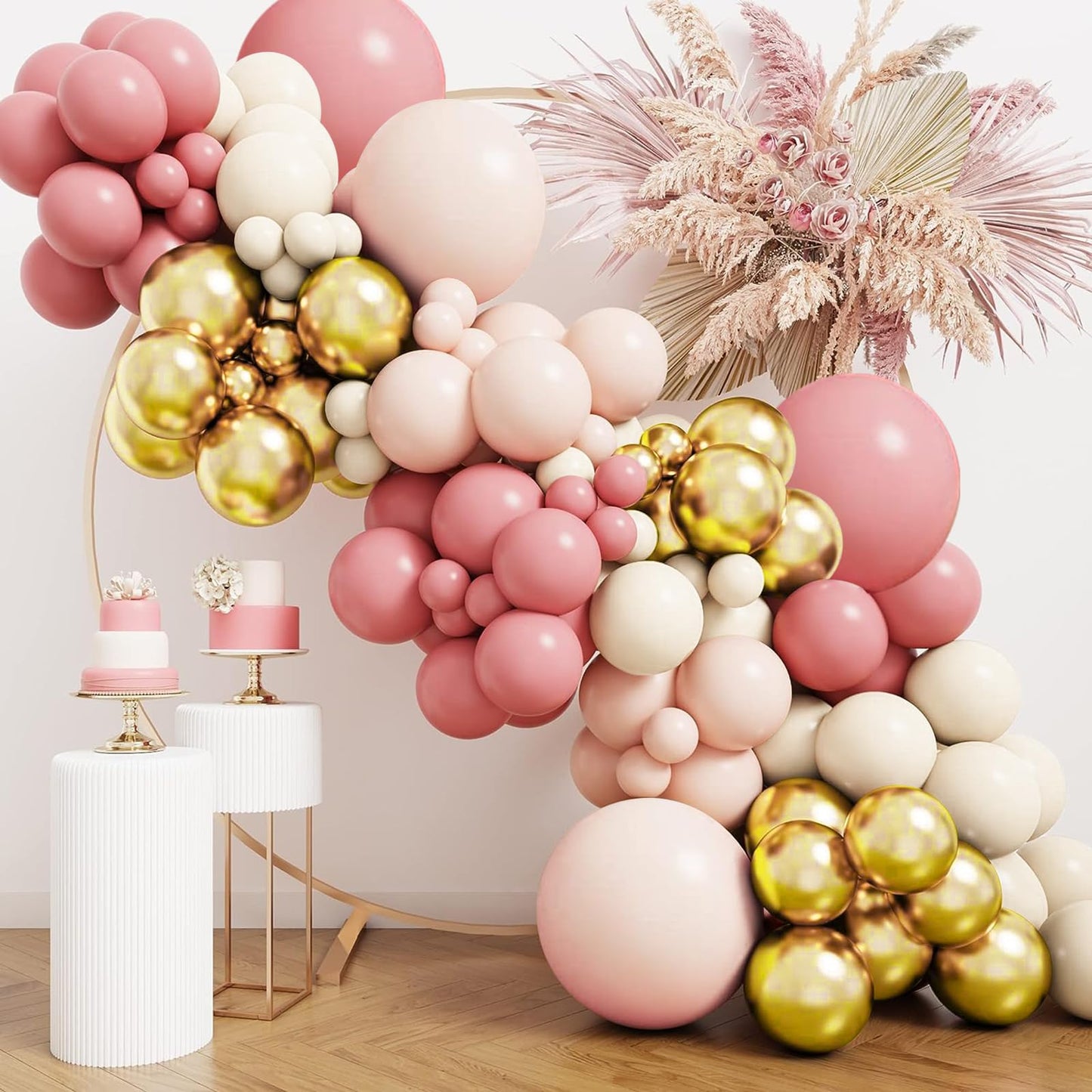 Boho Blush Balloon Garland Kit,144pcs Retro Pink Balloons with Pastel Orange Sand White and Metallic Gold Latex Balloons for Girl Women Baby Shower Bridal Shower Wedding Birthday Party Decorations…