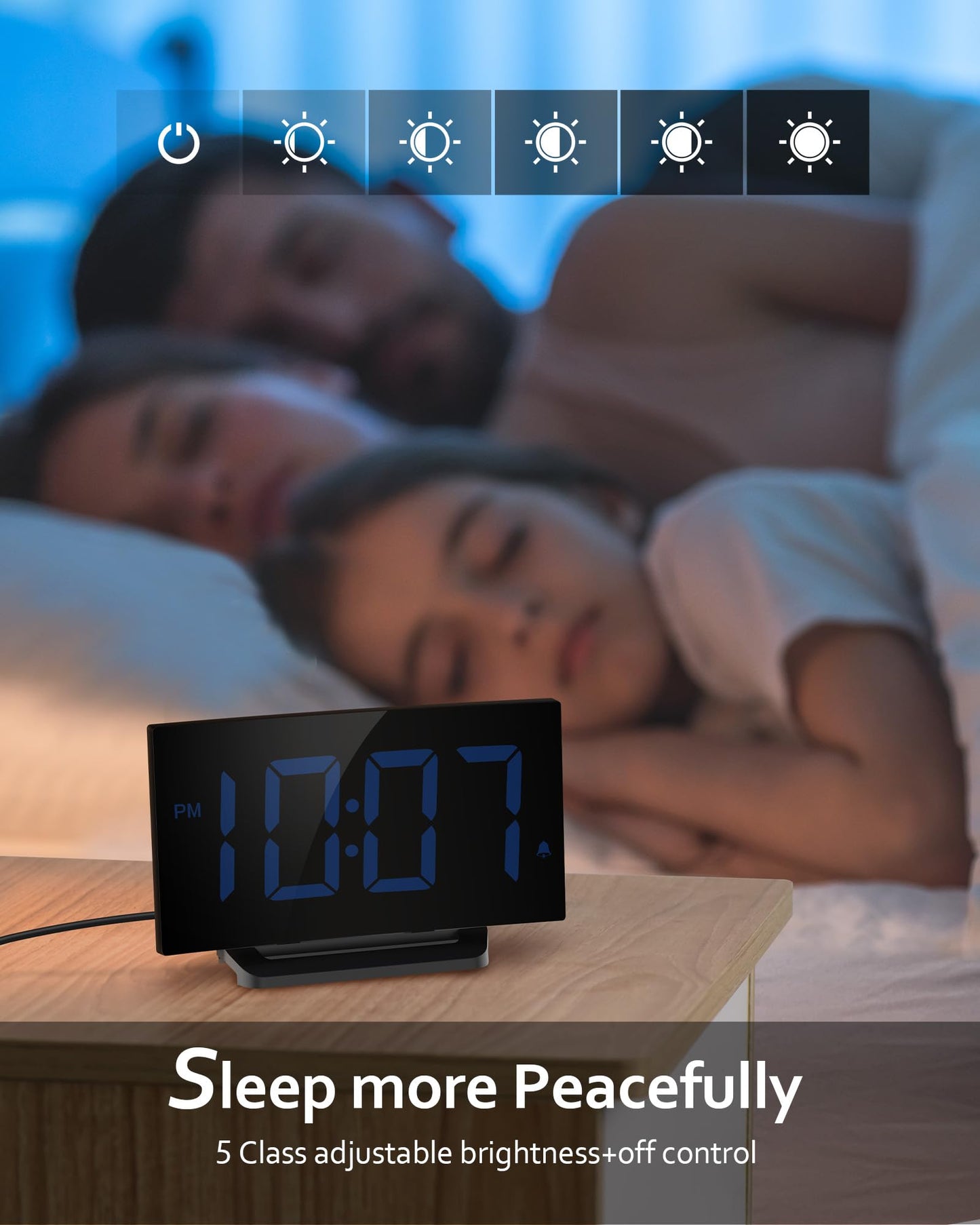 GOLOZA Digital Alarm Clock for Bedrooms, Digital Clock with Modern Curved Design, Conspicuous Blue LED Numbers, 5 Levels Brightness+Off, 2 Volume, 3 Alarm Tones, Snooze, Power-Off Memory, 12/24H