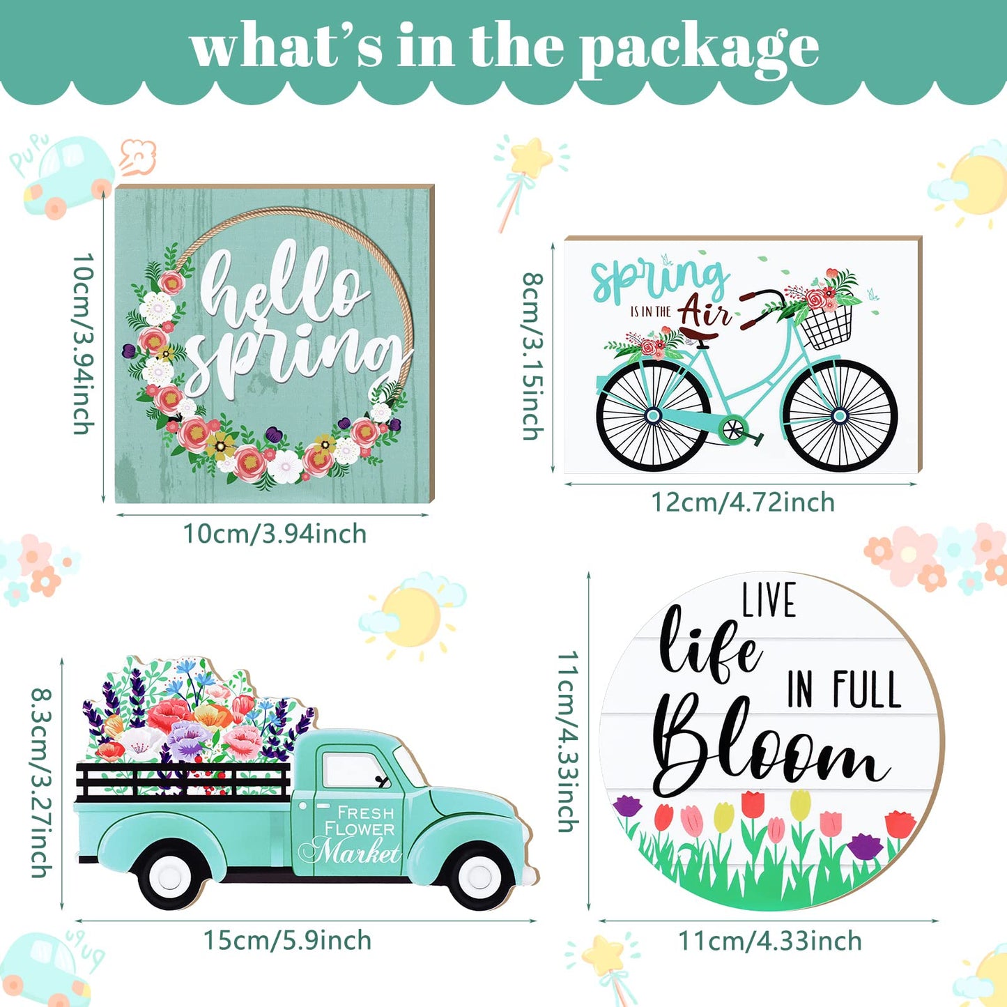 4 Pcs Easter Tiered Tray Decorations Hello Spring Decorations for Home Happy Easter Sign Bunny Farm Fresh Truck Wooden Centerpiece Table Signs for Indoor Home Kitchen Decor(Car Style)