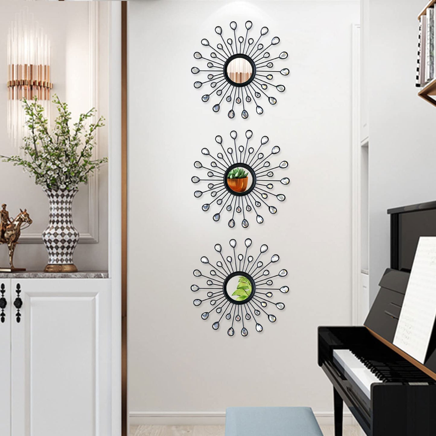 Uaussi 3 Pack Metal Wall Mirrors Rhinestones Starburst Mirror Set Bling Home Decorative Hanging Wall Art for Living Room Bedroom-Water-Drop Burst Black