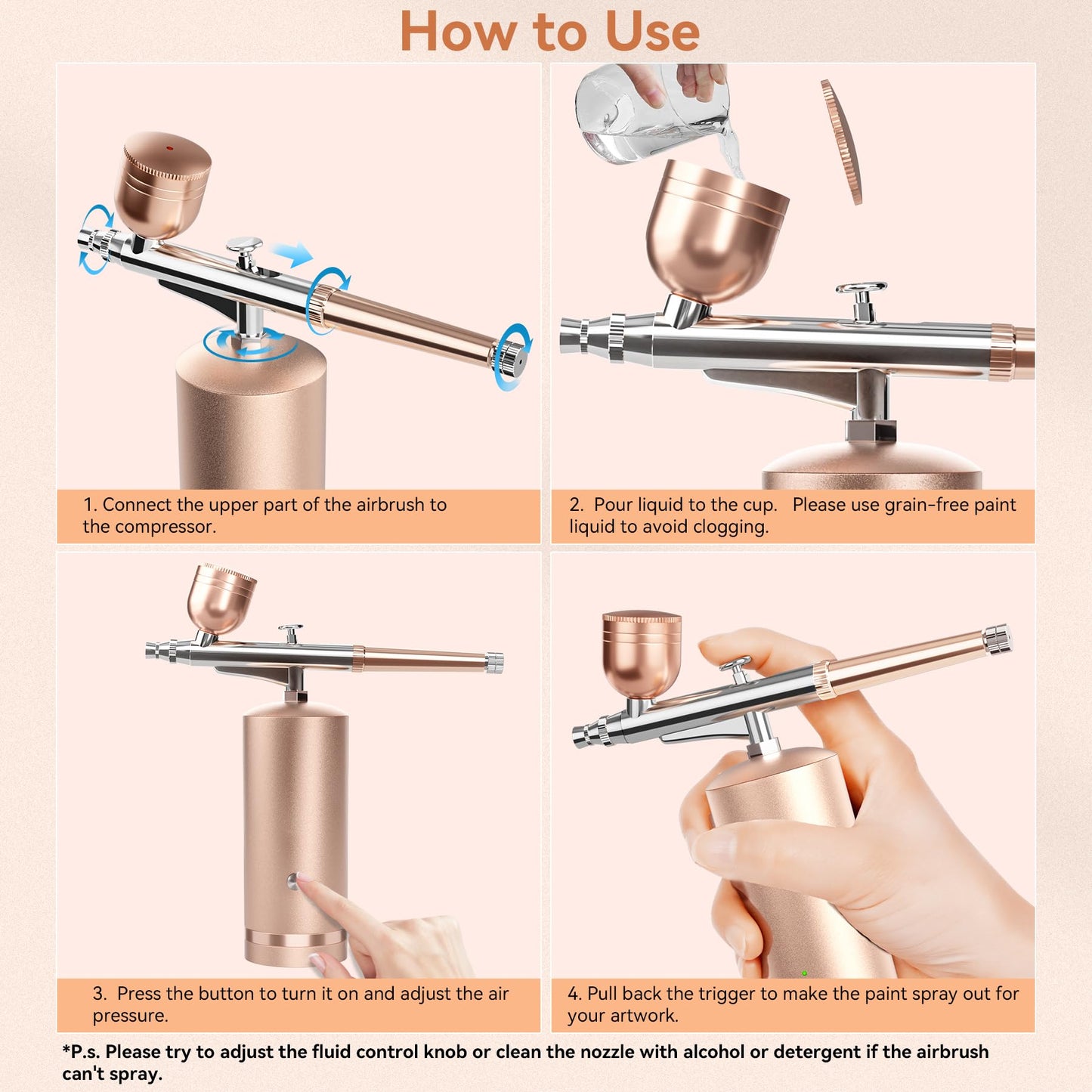 Airbrush Kit With Compressor - 48PSI Rechargeable Cordless Non-Clogging High-Pressure Air Brush Set with 0.3mm Nozzle and Cleaning Brush Set for Nail Art, Makeup, Painting, Cake Decor