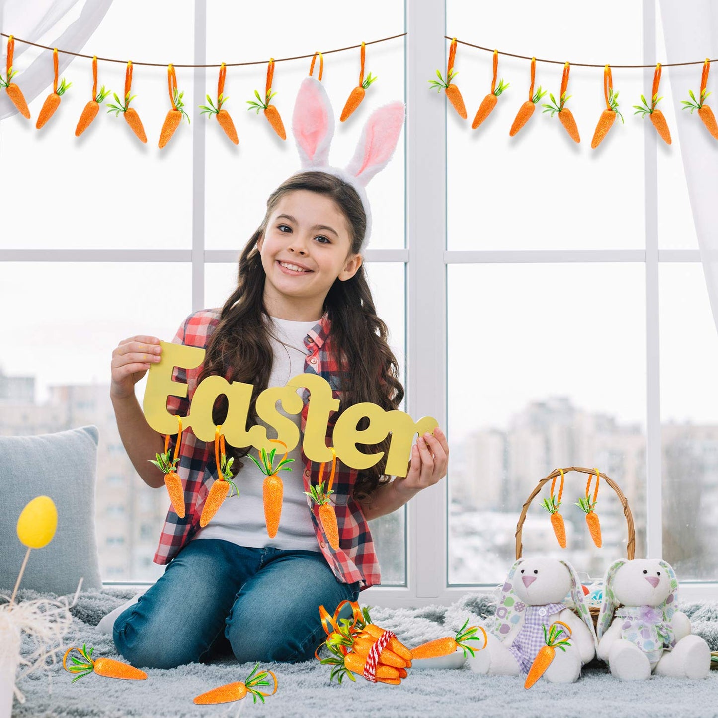 Easter Carrot Hanging Ornaments - 12Pcs Premium Foam Glitter Artificial Carrots for Easter Decoration