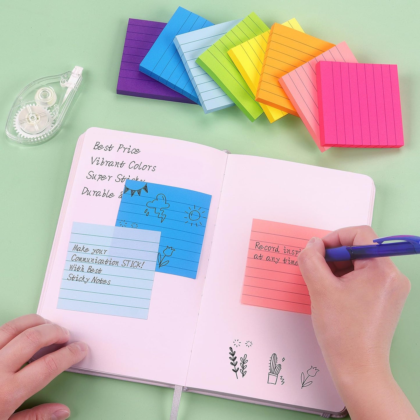 8 Pads Lined Sticky Notes 3x3 Sticky Notes with Lines Self-Stick Note Pads 8 Bright Multi Colors, 85 Sheets/Pad