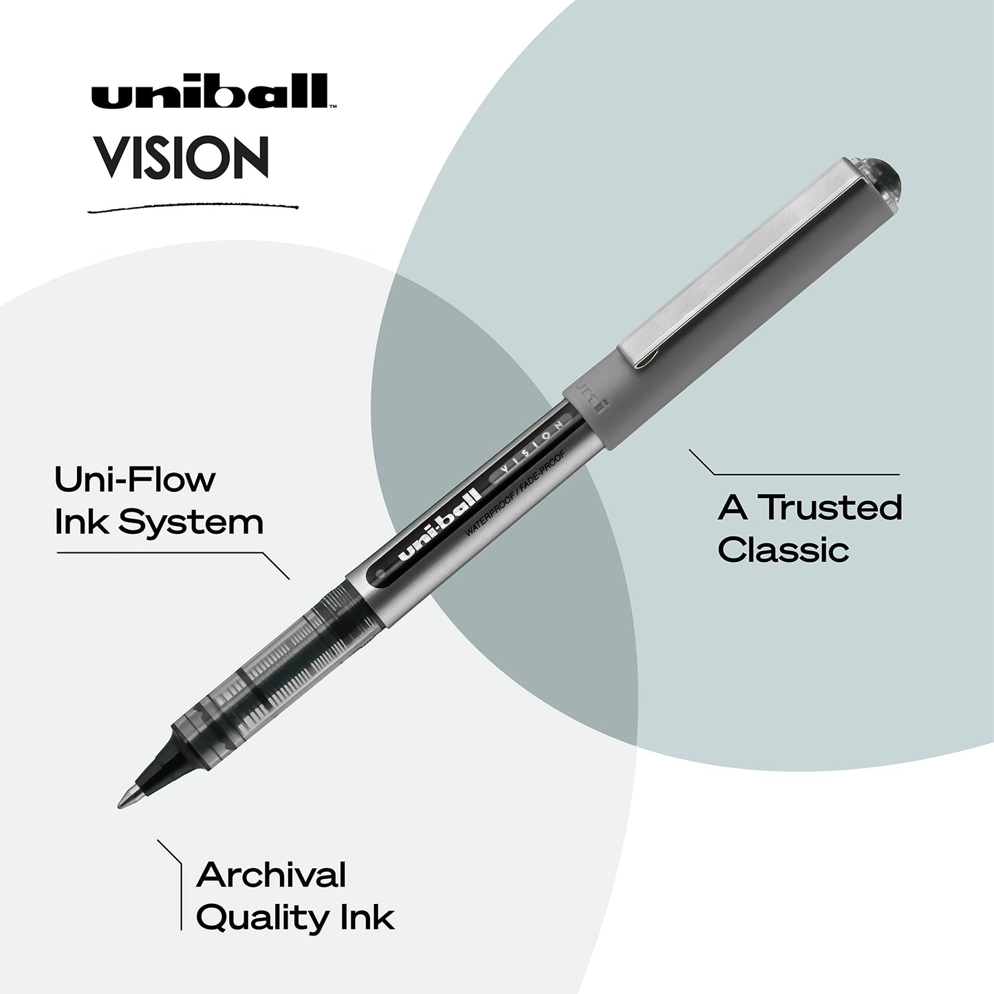 Uniball Vision Rollerball Black Pens Pack of 4, Fine Point Pens with 0.7mm Medium Black Ink, Ink Black Pen, Smooth Writing Bulk Pens, and Office Supplies