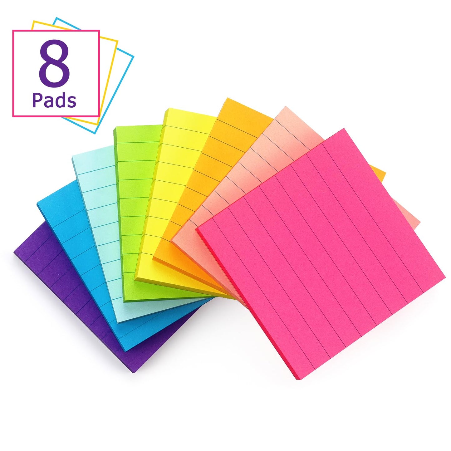 8 Pads Lined Sticky Notes 3x3 Sticky Notes with Lines Self-Stick Note Pads 8 Bright Multi Colors, 85 Sheets/Pad