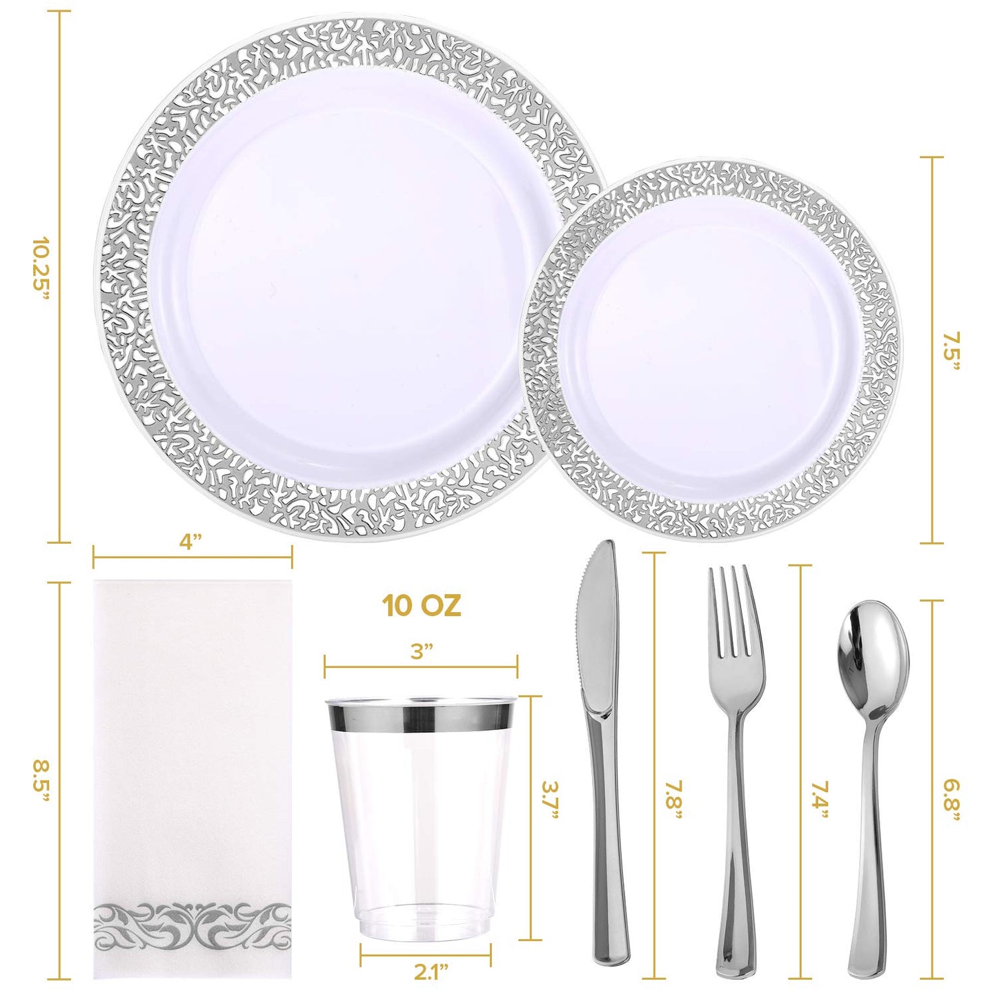 175 Piece Silver Dinnerware Set 25 Guest-50 Silver Lace Plastic Plates-25 Silver Plastic Silverware-25 Silver Plastic Cups-25 Silver Paper Napkins, FOCUSLINE Disposable Dinnerware Set
