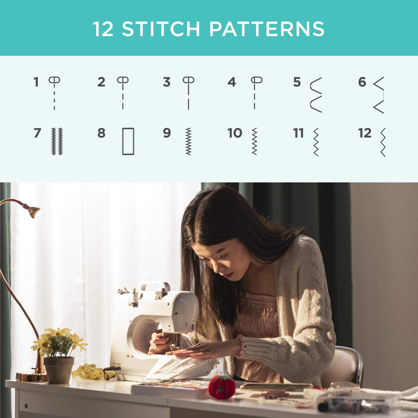 Best Choice Products Compact Sewing Machine, 42-Piece Beginners Kit, Multifunctional Portable 6V Beginner Sewing Machine w/ 12 Stitch Patterns, Light, Foot Pedal, Storage Drawer - Teal/White