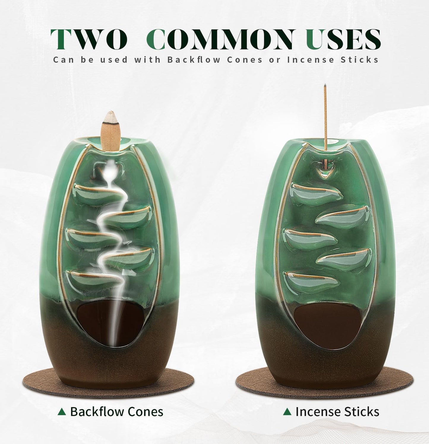 Ronlap Backflow Incense Burner, Ceramic Waterfall Incense Burner Holder with 120 Incense Cones and 30 Incense Sticks Incense Fountain Smoke Waterfall for Meditation Zen Spiritual Room Home Decor, Cyan