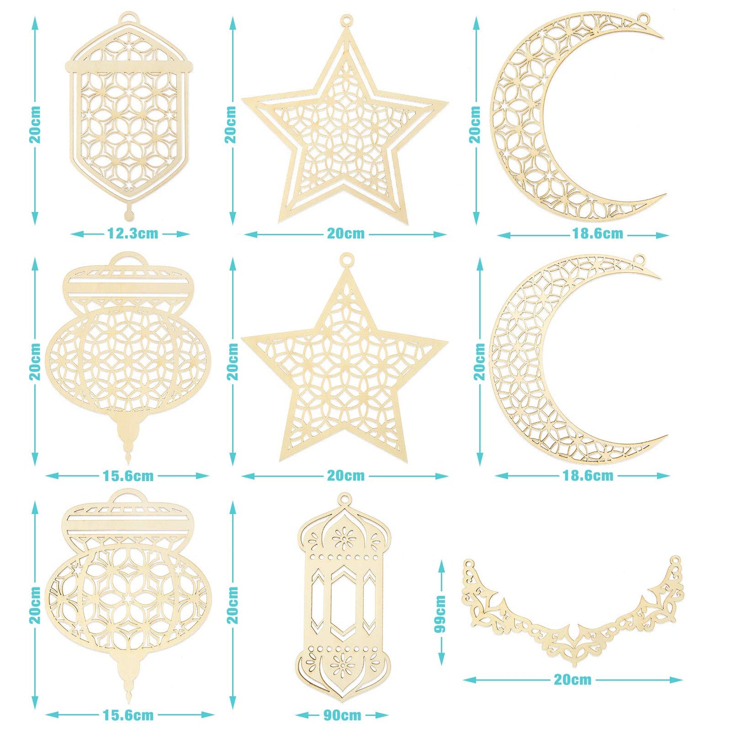 9 Pieces Wooden Pendant Ornament Ramadan Kareem Hollow Decoration Moon Star Wind Light Shape Pendant Ornament Happy Eid Hanging Sign for Ramadan Mubarak Eid Party Decorations