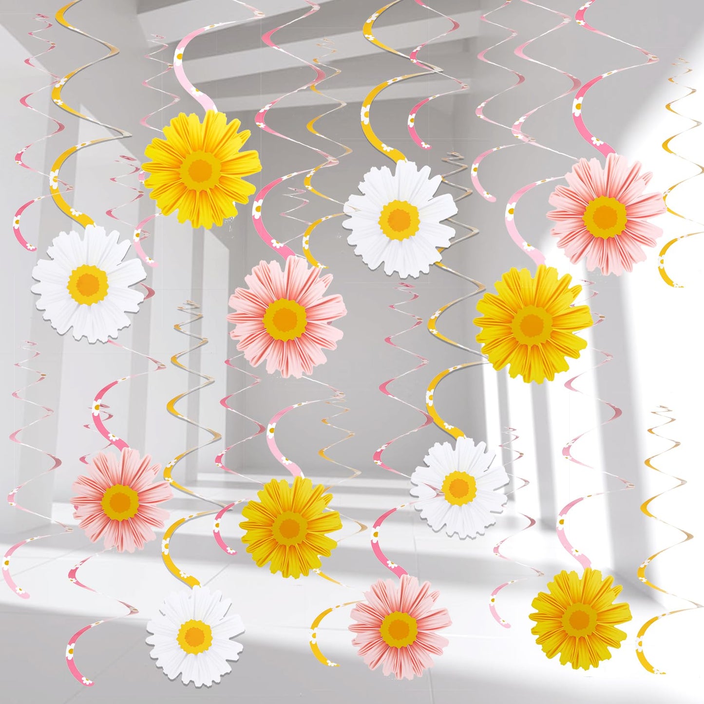 EASY JOY 24 PCS Daisy Hanging Swirls Decorations Boho Groovy Party Decorations Spring Flower Birthday Party Decorations Retro Hippie Party Ceiling Decorations for Classroom Office Mother Day Decor