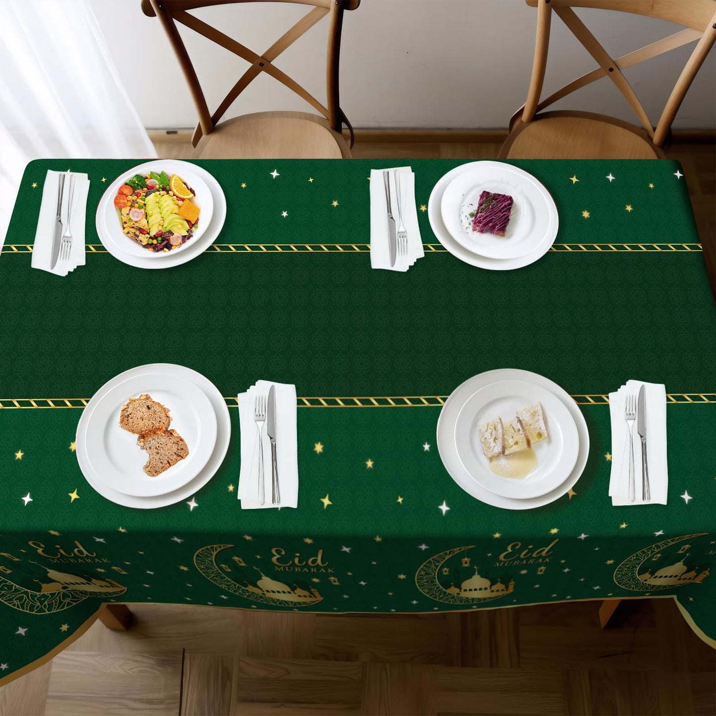 Childom 3 Pack Ramadan Mubarak Tablecloths for Eid Mubarak Decorations, 54" x 108" Plastic Disposable Happiness Ramadan Eid Al-fitr Party Table Covers for Rectangle Tables Ramadan Party Favors(Green)