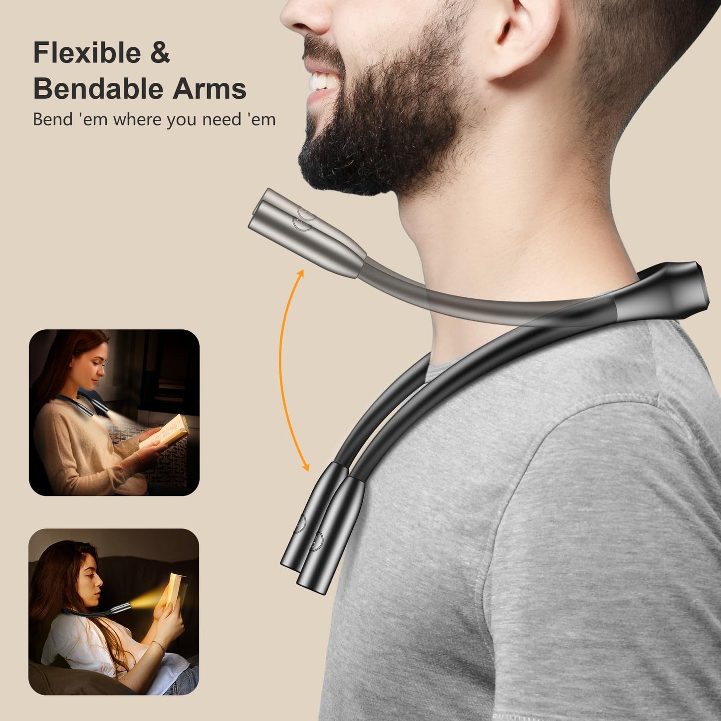 Gritin LED Neck Reading Light,Book Light for Reading in Bed-Eye Caring 3 Colors, Dimmable Brightness, Bendable Arms, 80+Hrs Runtime, Neck Round Design, Comfortable &Lightweight for Crafting, Knitting
