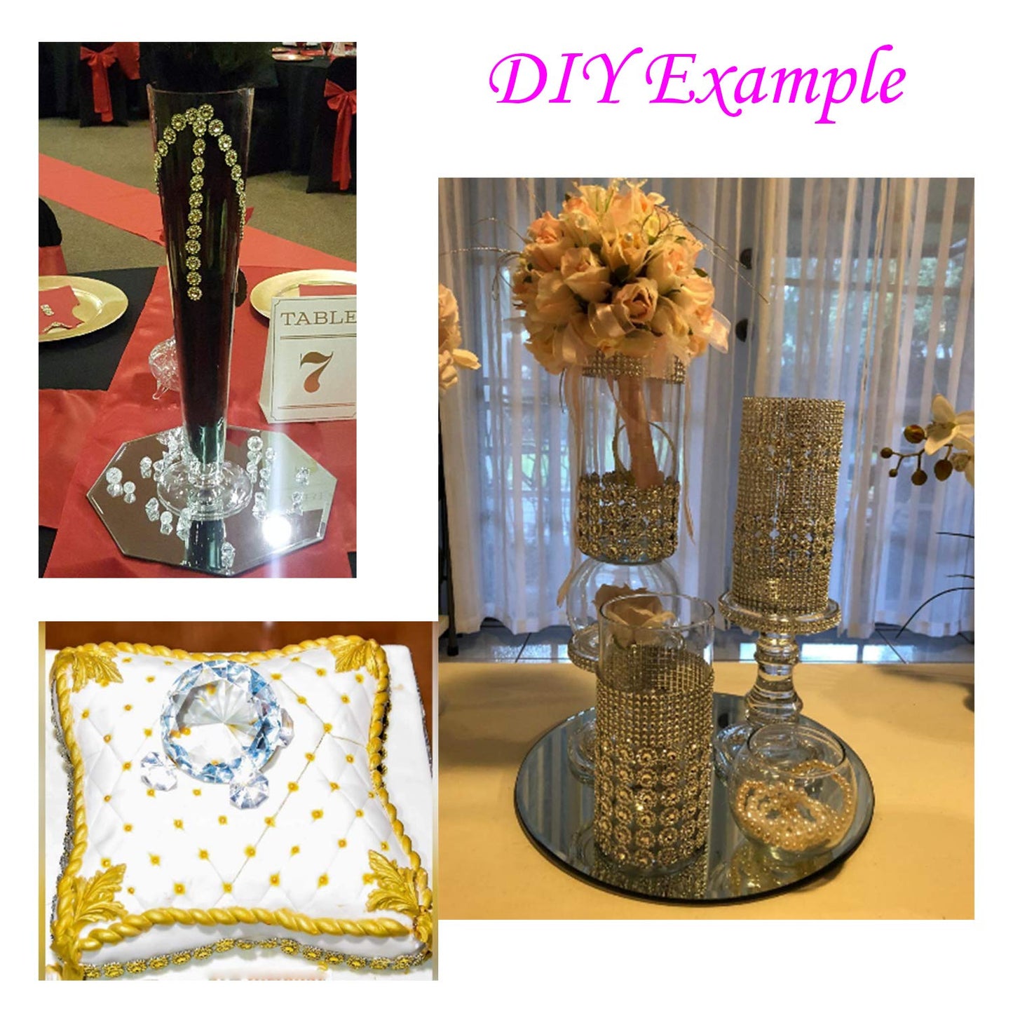 YYaaloa Crafts Faux Diamond Bling Wrap 4" x 10 Yards 6 Rows Gold Flower Pattern Faux Rhinestone Crystal Mesh Ribbon Roll for Wedding, Party, Centerpiece, Cake, Vase Sparkling Decoration (Gold)