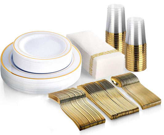 M MCIRCO 175 Piece Gold Dinnerware Set - 50 Gold Rim Plastic Plates - 25 Gold Plastic Silverware - 25 Gold Plastic Cups - 25 Gold Paper Napkins, 25 Guest Disposable Gold Dinnerware Set