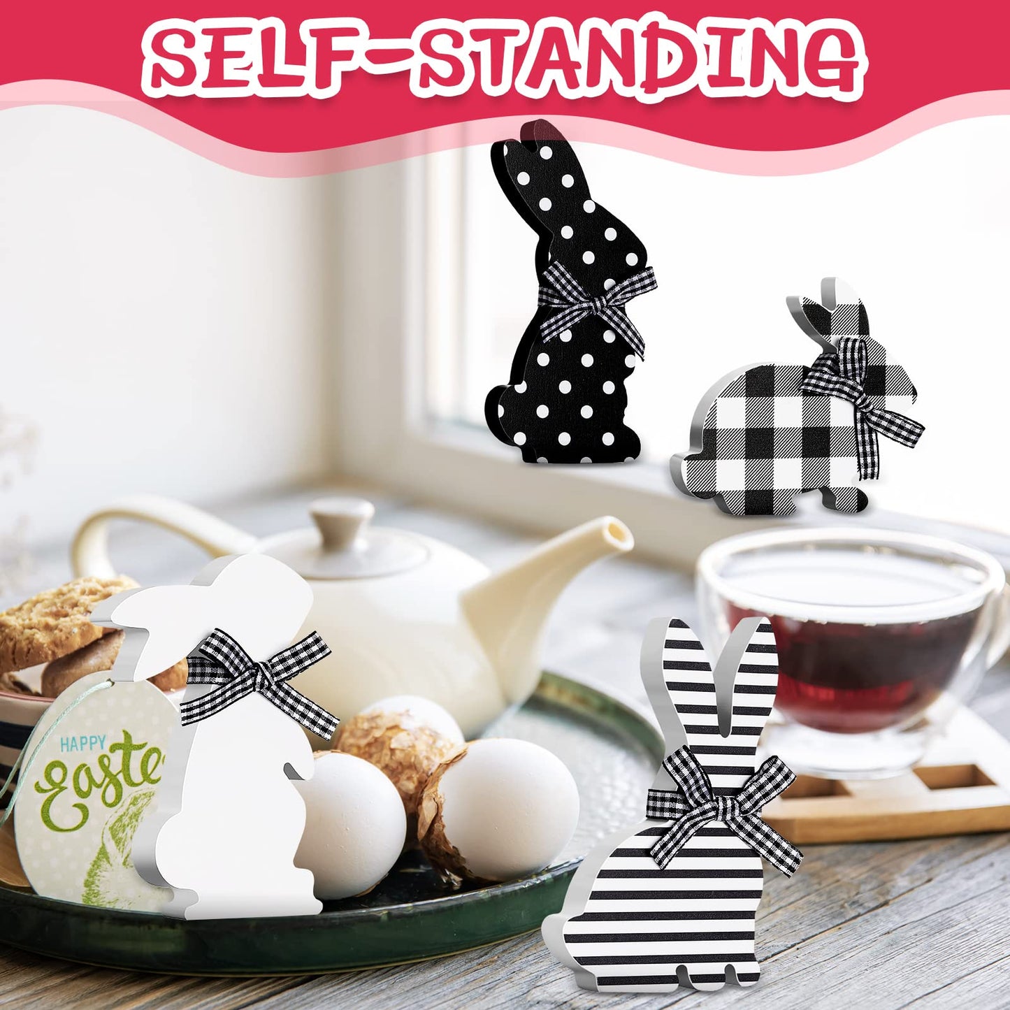 4 Pcs Easter Bunny Table Wooden Signs Bunny Shaped Farmhouse Decor Spring Bunny Wood Tabletop Easter Decorations Easter Bunny Dining Room Table Decor Sign Bunny Decor with Rope (Striped)