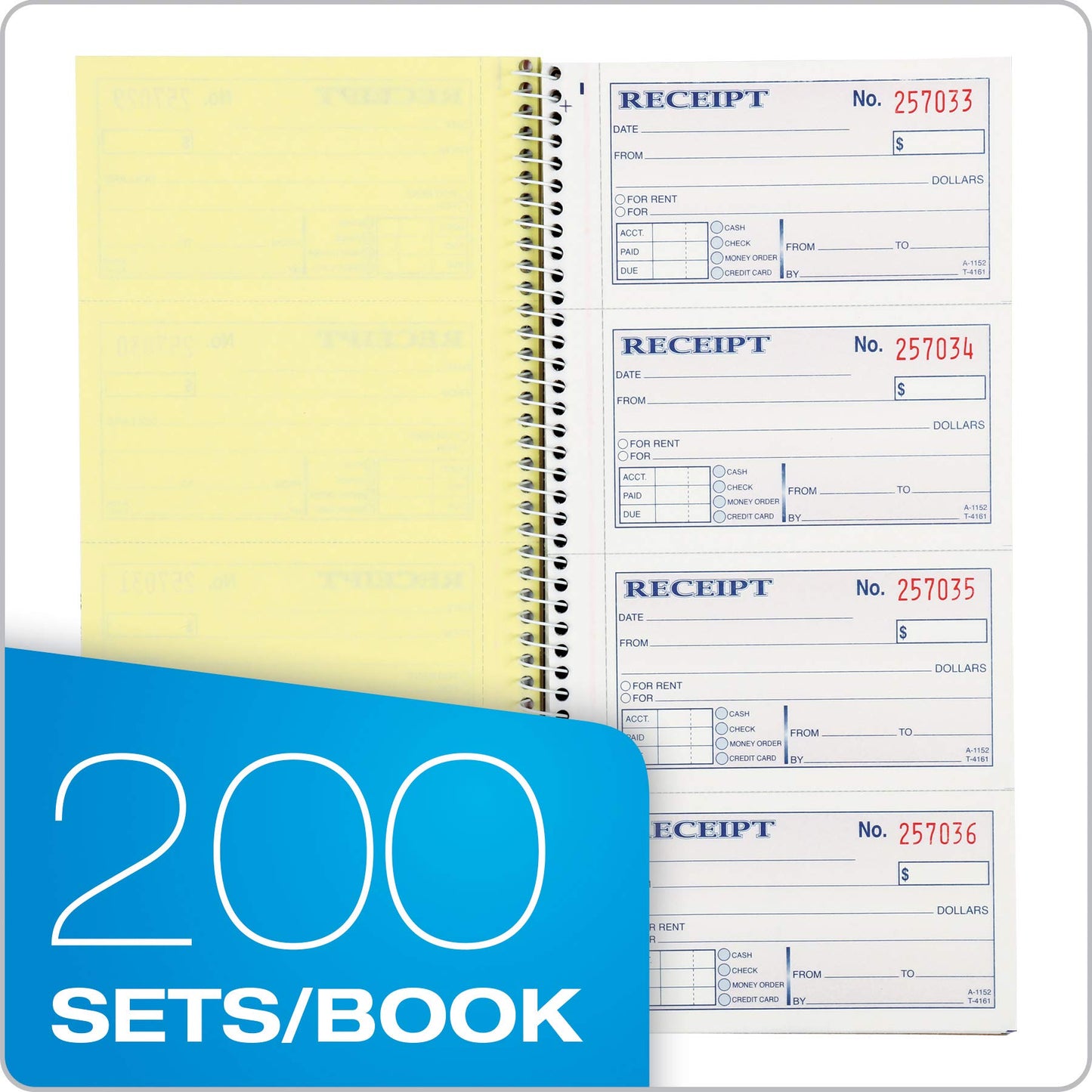 Adams Money and Rent Receipt Book, 2-Part Carbonless, 5-1/4" x 11", Spiral Bound, 200 Sets per Book, 4 Receipts per Page (SC1152)