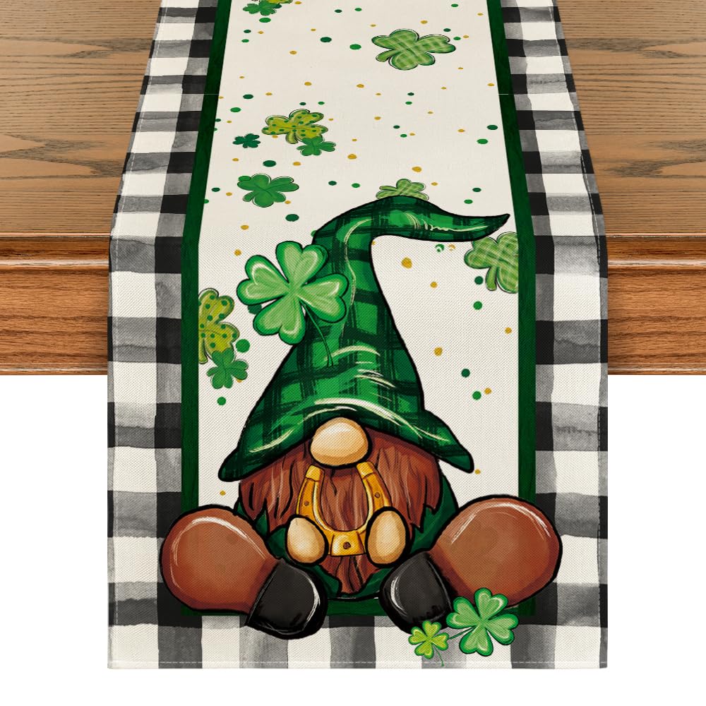 Artoid Mode Buffalo Plaid Shamrock Gnome St. Patrick's Day Table Runner, Seasonal Spring Holiday Kitchen Dining Table Decoration for Indoor Outdoor Home Party Decor 13 x 72 Inch