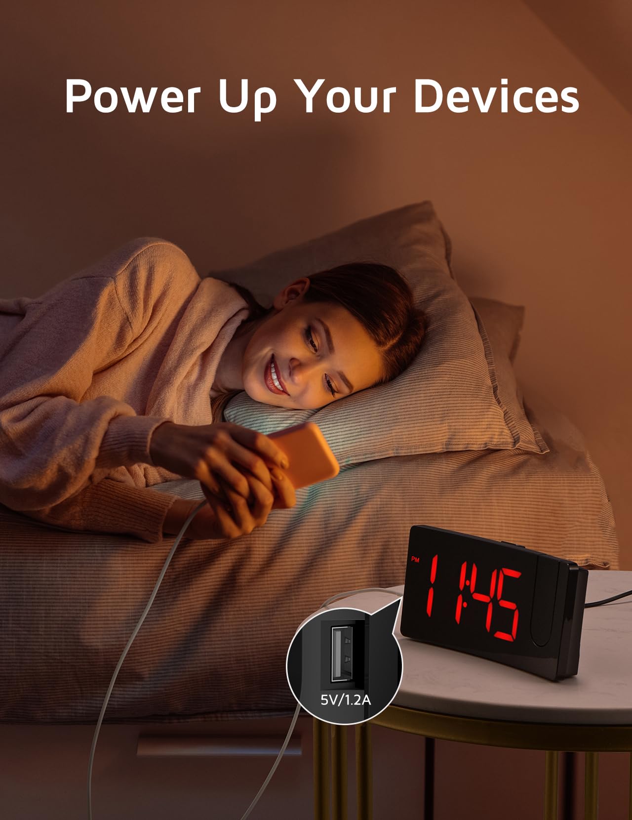 Projection Alarm Clock, Digital Clock with 180° Rotatable Projector, 3-Level Brightness Dimmer, Clear LED Display, USB Charger, Progressive Volume, 9mins Snooze,12/24H, for Bedroom