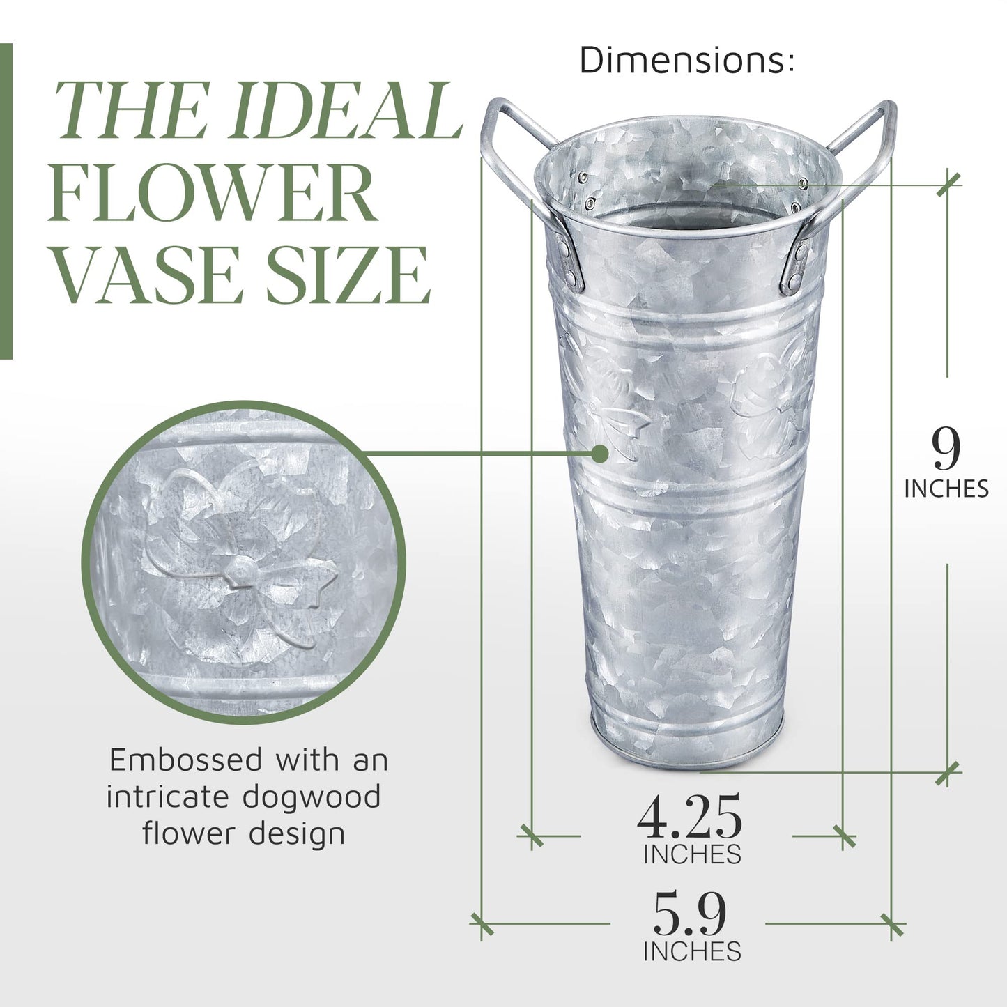 WH Galvanized Metal Farmhouse Flower Vases 9 Inch, Set of 3 - Rustic Decorative French Flower Bucket Pots for Wedding Table Centerpiece Decorations, Home Decor by Walford Home