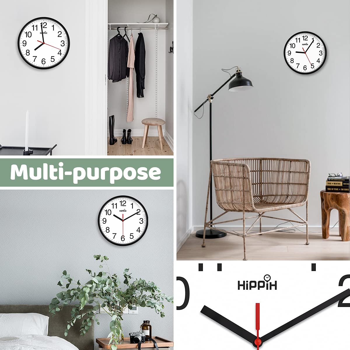 HIPPIH Clock Black Wall Clock Silent Non Ticking Quality Quartz - 10 Inch Round Easy to Read for Home Office & School Decor Clock