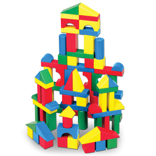 Melissa & Doug Wooden Building Set - 100 Blocks in 4 Colors and 9 Shapes