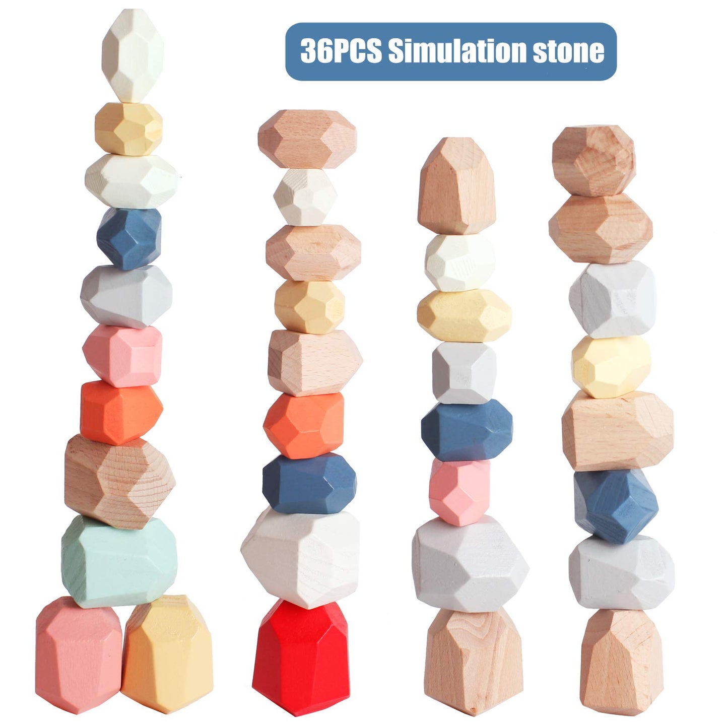 BESTAMTOY 36 PCS Wooden Sorting Stacking Rocks Stones,Sensory Toddler Toys Learning Montessori Toys, Building Blocks Game for Kids 1 2 3 4 5 6 Years Boy and Girl Birthday Gifts for Kids