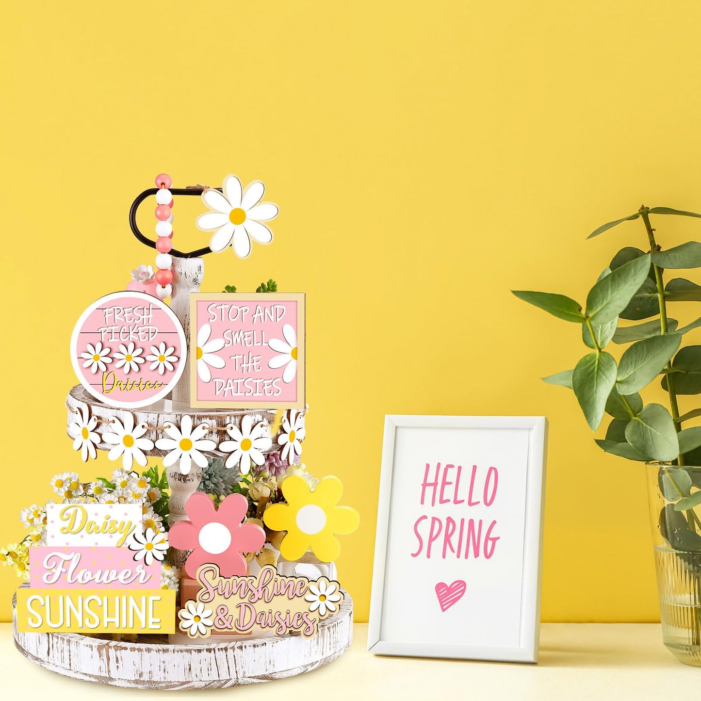 Jetec 12 Pcs Valentine's Day Tiered Tray Decor Set Valentines Heart Wood Sign Gnome Truck Rustic Farmhouse Tray Signs Table Decor for Romantic Valentine's Day Home Kitchen(Daisy, 12 Pcs)