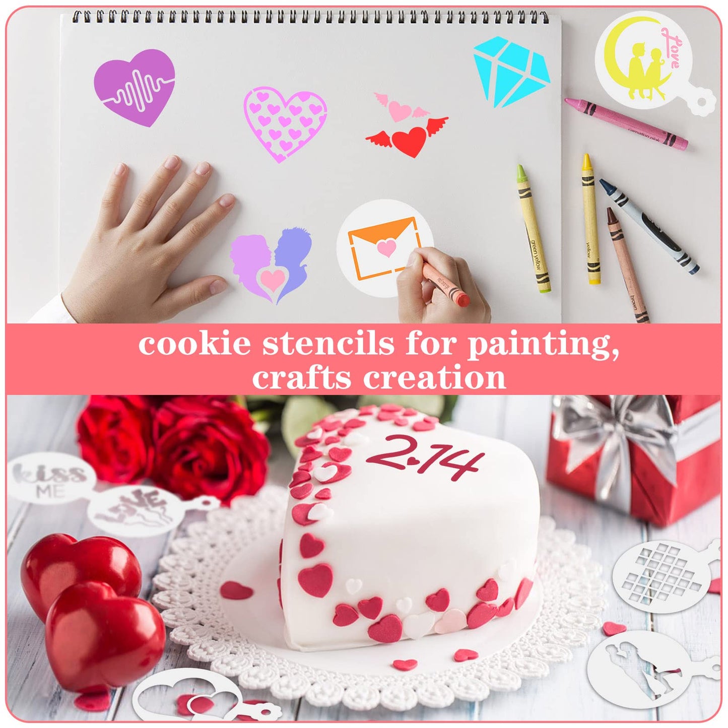 JULBEAR Valentine's Day Cookie Stencils, 36 Pieces Reusable Cookie Coffee Decorating Stencils Templates Mold Tools for Cookies Baking Painting Dessert Coffee Decoration DIY Valentines Party Decor
