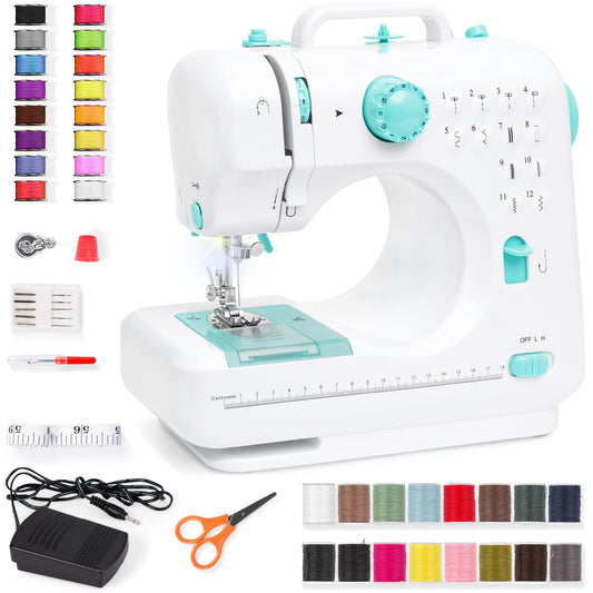Best Choice Products Compact Sewing Machine, 42-Piece Beginners Kit, Multifunctional Portable 6V Beginner Sewing Machine w/ 12 Stitch Patterns, Light, Foot Pedal, Storage Drawer - Teal/White
