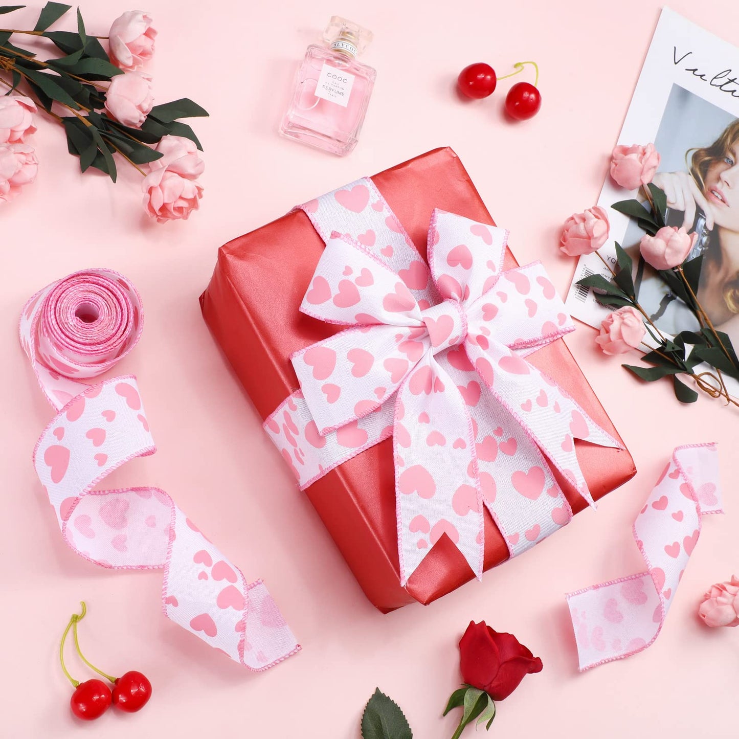 Valentine's Day Burlap Wired Ribbon 2 Rolls 12 Yards Heart Printed Love Ribbon Edge Ribbon 2.5 Inch Patterned Hearts for Favor Wrapping Wreaths Craft Prensent Wrapping Decorative Bow (Pink and White)