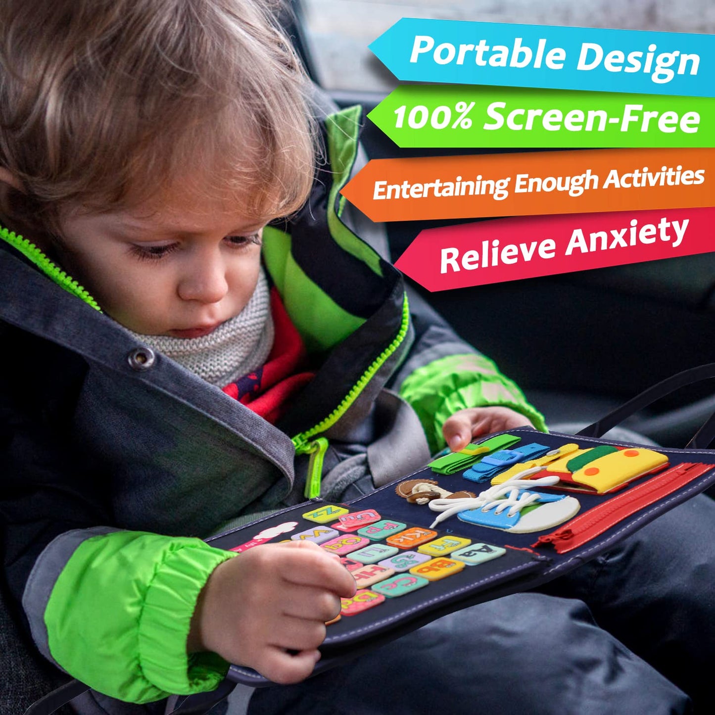 Qizfun Busy Board Montessori Toy for 1 2 3 4 Years Old, Educational Activity Sensory Board Preschool Learning Fine Motor Skills Toys, Toddler Travel Toy for Plane Car, Gift for Boys Girls (Blue/P4)