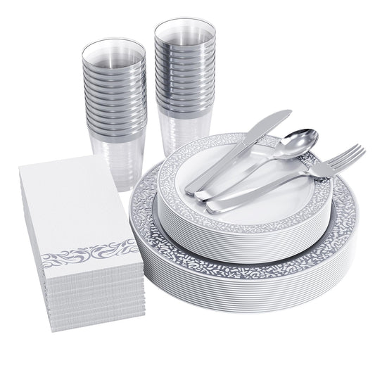 175 Piece Silver Dinnerware Set 25 Guest-50 Silver Lace Plastic Plates-25 Silver Plastic Silverware-25 Silver Plastic Cups-25 Silver Paper Napkins, FOCUSLINE Disposable Dinnerware Set