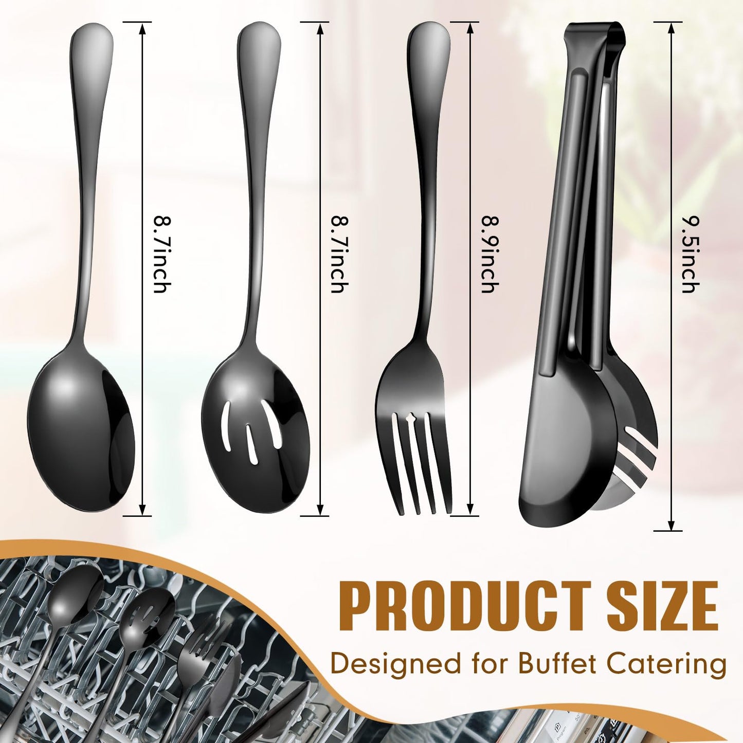 Patelai Stainless Steel Serving Utensils Large Serving Spoon Set 9.45 Inch Metal Tongs 9 Inch Serving Forks 8.7 Inch Slotted Spoons and Serving Spoon Kitchen Wedding Party (Black,15 Pieces)