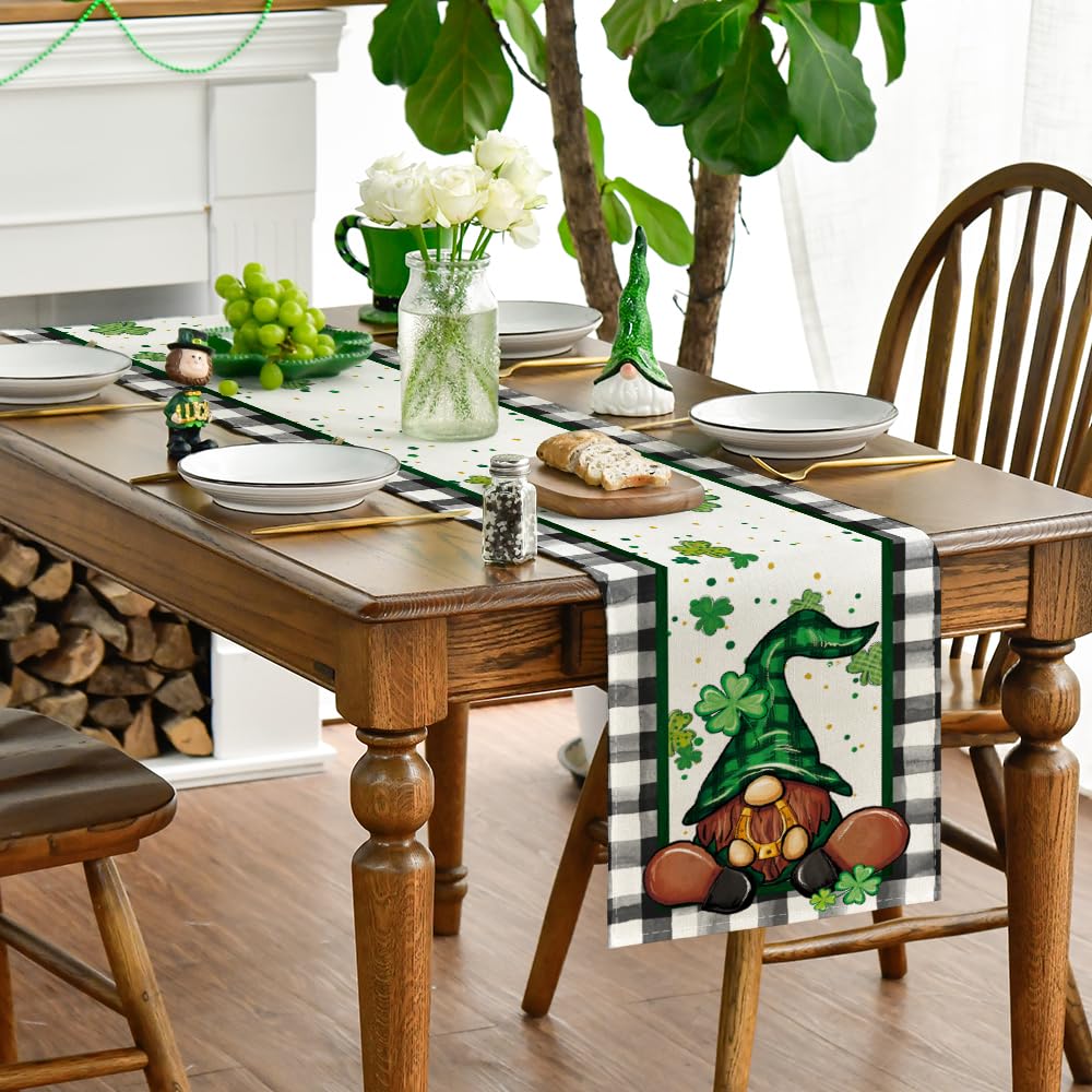 Artoid Mode Buffalo Plaid Shamrock Gnome St. Patrick's Day Table Runner, Seasonal Spring Holiday Kitchen Dining Table Decoration for Indoor Outdoor Home Party Decor 13 x 72 Inch