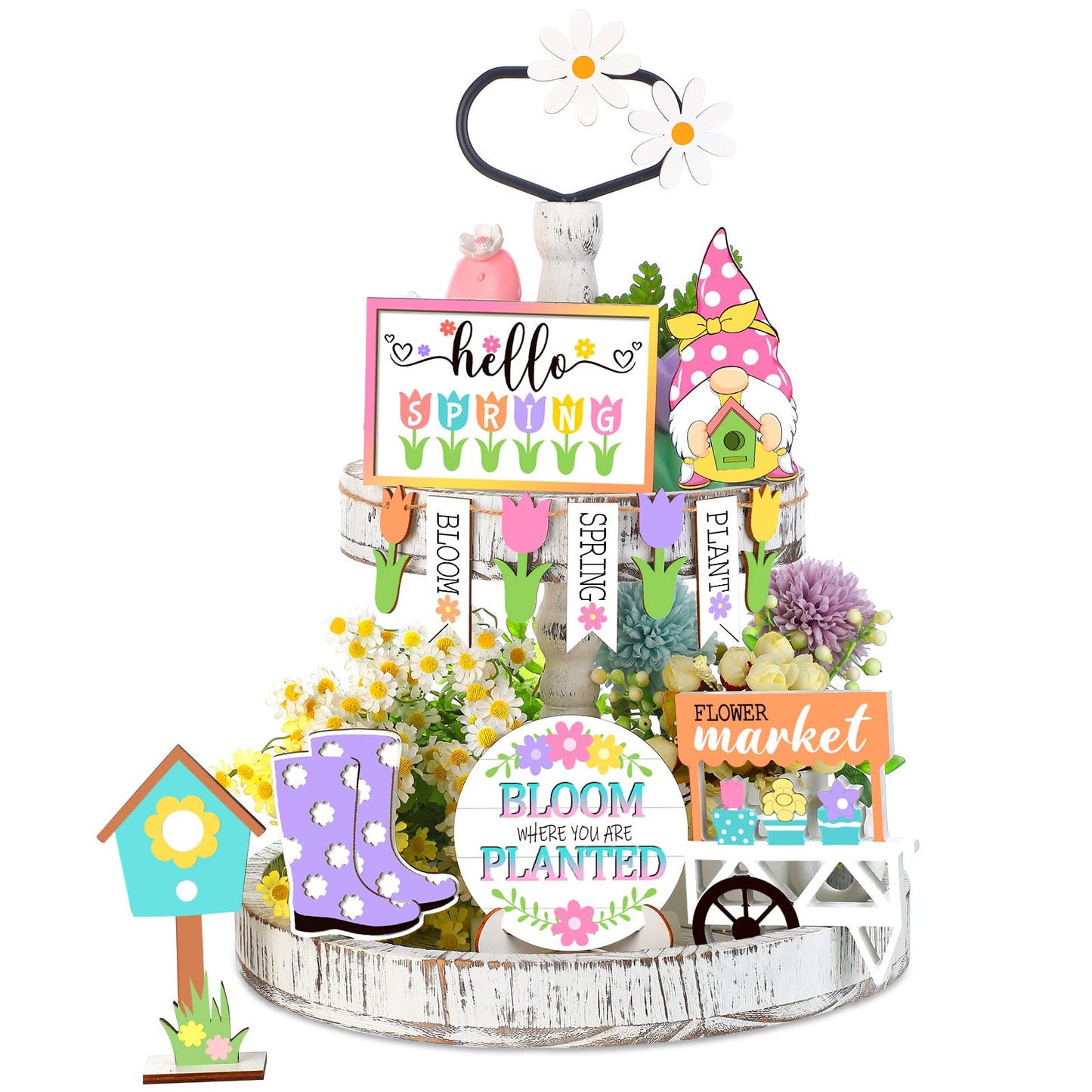 Jetec 12 Pcs Spring Tiered Tray Decor Wooden Gnomes Flowers Plants Tabletop Trays Signs Spring Summer Fall Tiered Tray Items for Home Farmhouse Rustic Kitchen Decorations (Spring)